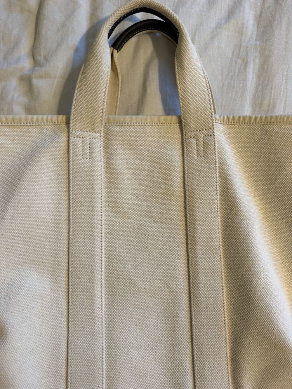 Tory Burch Large Canvas Tote Natural/Navy Blue Trim Market Shopper Beach 17x13 - Picture 9 of 15